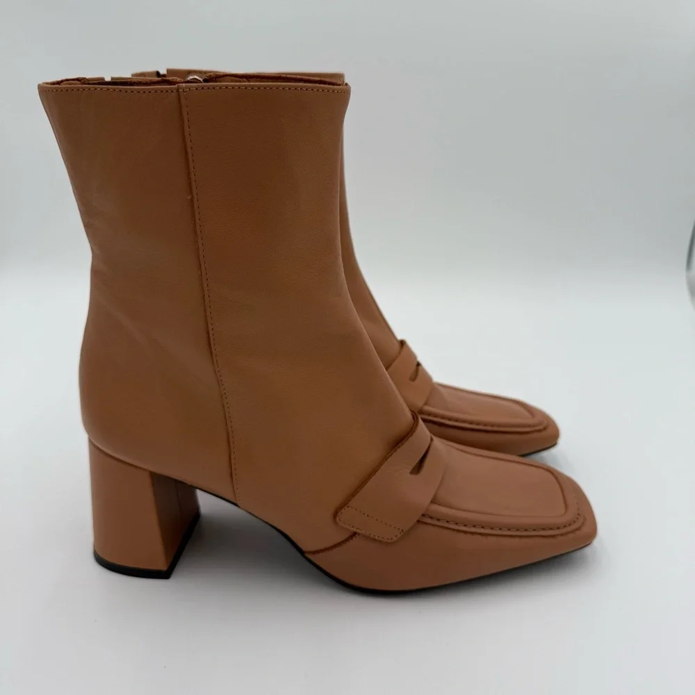 Angel‎ Alarcon Square Toe Chunky Block Heeled Ankle Boots Booties Camel 8 NWOT